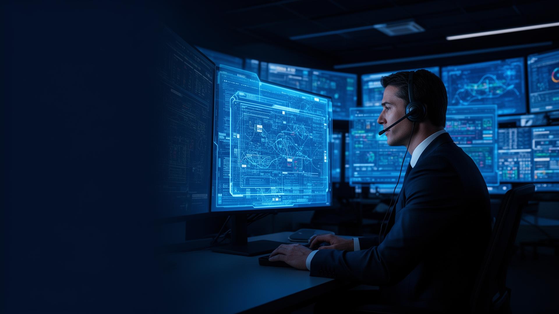 Centro de operações Agathos com profissional monitorando dashboards de atendimento