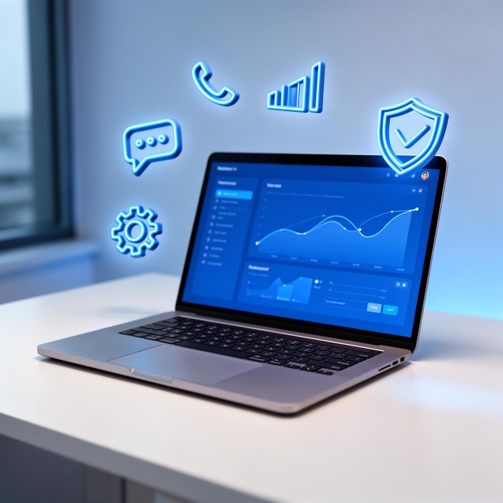 Laptop exibindo dashboard Agathos com ícones flutuantes em 3D