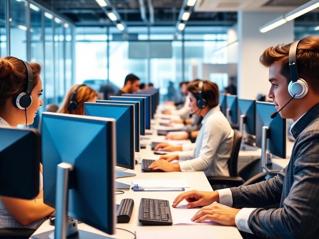 Equipe de call center profissional em estações de trabalho modernas
