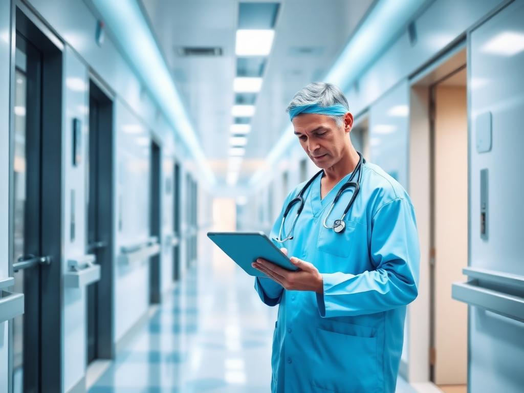 Profissional de saúde em corredor hospitalar moderno usando tablet