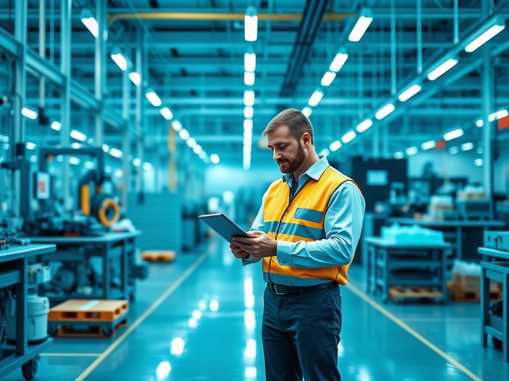 Engenheiro industrial em planta fabril moderna utilizando tablet